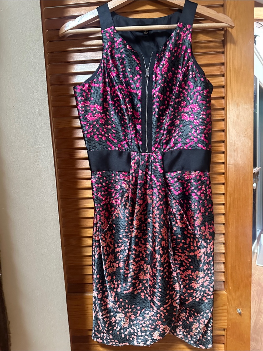 Cynthia Steffe Black Midi Dress with Pink Confetti Print 100% Silk